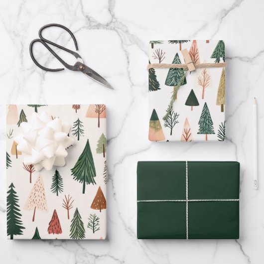 Feuille De Papier Cadeau Arbres de Noël vert rose (Recto)