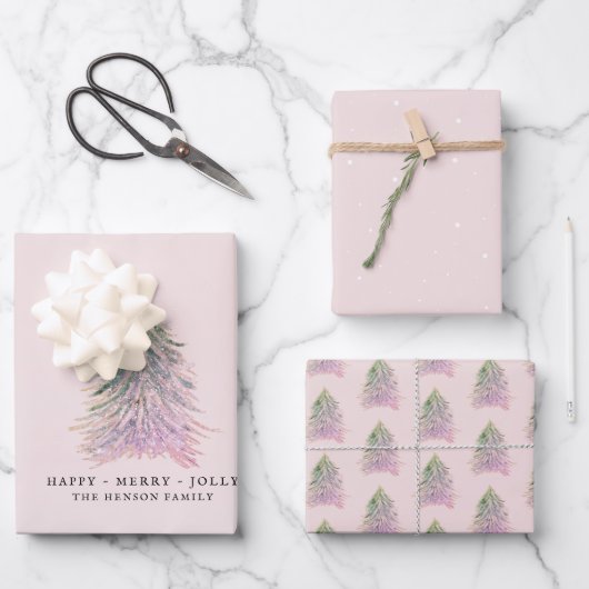 Feuille De Papier Cadeau Arbres roses Aquarelle Noël (Recto)