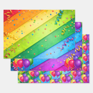 Feuille De Papier Cadeau Arc-en-ciel rayé avec confettis