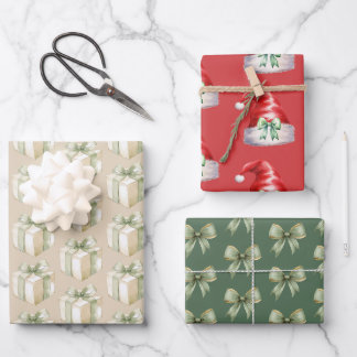 Feuille De Papier Cadeau Arcs de Noël aquarelle verts et chapeaux de Père N
