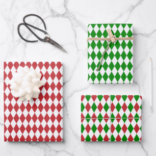 Feuille De Papier Cadeau Arlequin rouge, vert et blanc
