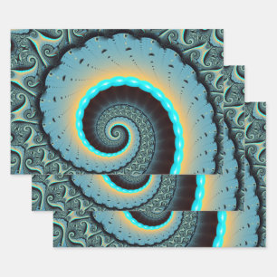 Feuille De Papier Cadeau Art abstrait bleu turquoise orange spirale fractal