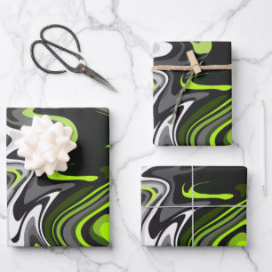 Feuille De Papier Cadeau Art Abstrait vert et gris fluide avec des perruque