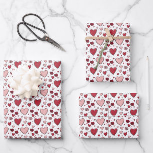 Feuille De Papier Cadeau Art de doodle de cœurs et de roses rouges et roses
