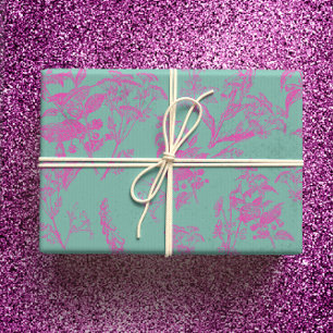 Feuille De Papier Cadeau Art de ligne Fleur sauvage rose et turquoise chaud