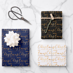 Feuille De Papier Cadeau Art de mots de Noël sur fond bleu marine, noir et