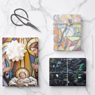 Feuille De Papier Cadeau Art de verre teinté de la Nativité – Noël de la Sa
