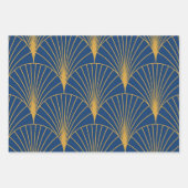 Feuille De Papier Cadeau Art Déco Éventails Géométriques Dorés sur Fond Ble (Devant 3)