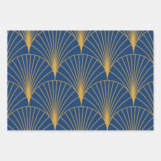 Feuille De Papier Cadeau Art Déco Éventails Géométriques Dorés sur Fond Ble (Devant)