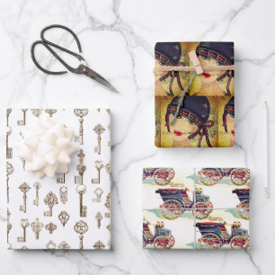 Feuille De Papier Cadeau Art Déco Femme et voiture Vintage Keys Enveloppeme