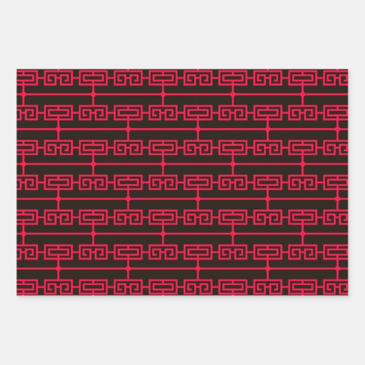 Feuille De Papier Cadeau Art Déco Motif 09 - Rouge carmin sur noir (Devant)