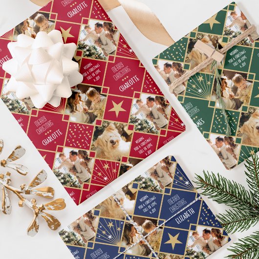 Feuille De Papier Cadeau Art Déco Noël Personnalisé Photos Rouge Vert Bleu 
