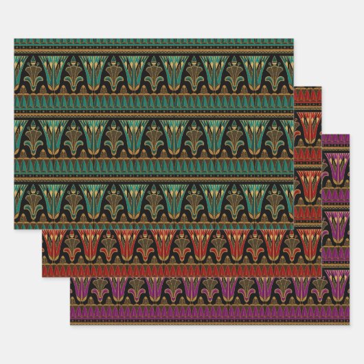 Feuille De Papier Cadeau Art déco rouge, vert, violet et or (Lot)