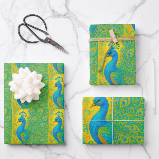 Feuille De Papier Cadeau Art Nouveau Peacock Jaune Damas motif (Recto)