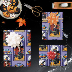Feuille De Papier Cadeau Art Nouveau Sorcière d'Automne Citrouilles Lune Vi