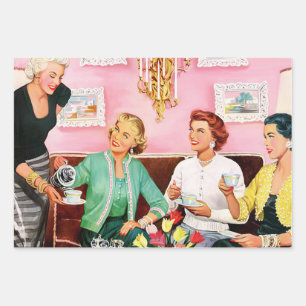 FEUILLE DE PAPIER CADEAU ART VINTAGE THÉ DE L'APRÈS-MIDI DES ANNÉES 1950