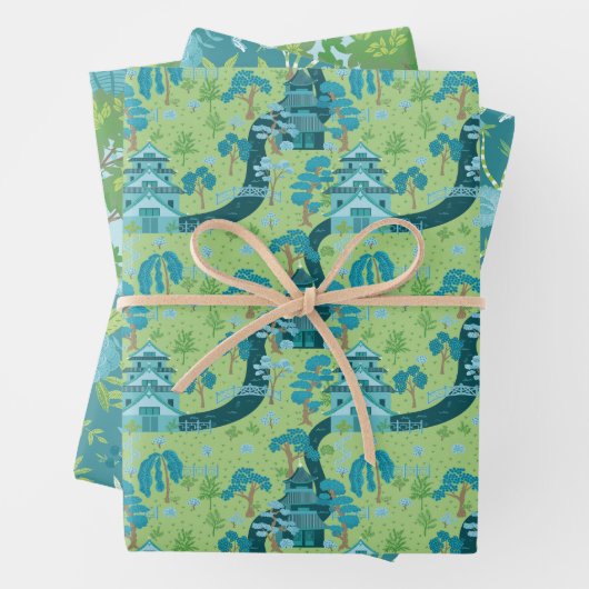 Feuille De Papier Cadeau Asian Pattern Blue Green (En situation)