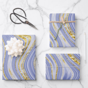 Feuille De Papier Cadeau Aspect Marbre Bleu Clair et Or