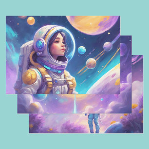 Feuille De Papier Cadeau Astronaut Jeune Fille Dans L'Espace Rockets Planèt