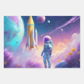 Feuille De Papier Cadeau Astronaut Jeune Fille Dans L'Espace Rockets Planèt (Devant 3)