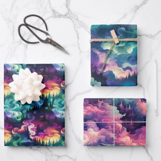 Feuille De Papier Cadeau Aurora Borealis 3D Dreamscape : Design éthérée (Recto)