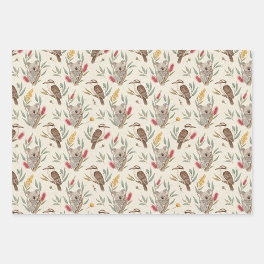 Feuille De Papier Cadeau Australian Koalas, Kookaburras and Native Flora (Devant 3)