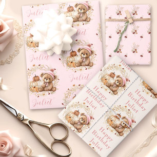 Feuille De Papier Cadeau Automne Anniversaire fille mignonne ours Fleur sau