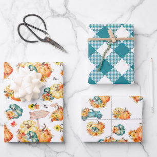 FEUILLE DE PAPIER CADEAU AUTOMNE AUTOMNE CITROUILLE FLEURS DE COULEUR D'EAU