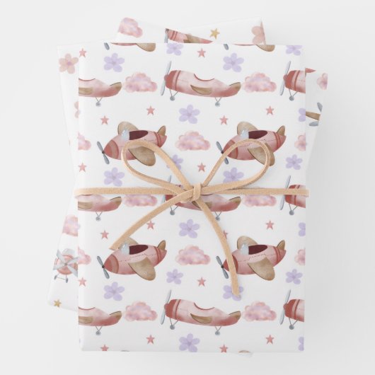 Feuille De Papier Cadeau Avion rose aquarelle (En situation)