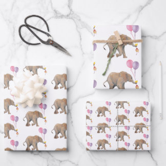 Feuille De Papier Cadeau Baby Elephant pink & violet balloon Set x3