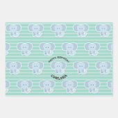 Feuille De Papier Cadeau Baby Elephant Stripes Joyeux Anniversaire Ensemble (Devant)