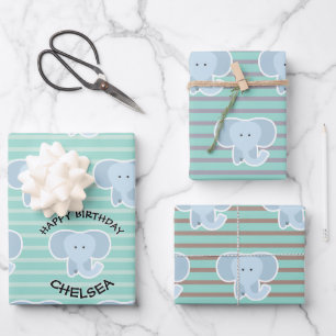 Feuille De Papier Cadeau Baby Elephant Stripes Joyeux Anniversaire Ensemble