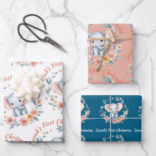 Feuille De Papier Cadeau Baby Girl First Christmas Elephant Pink Nom