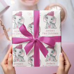 Feuille De Papier Cadeau Baby Girl First Christmas Elephant rose Nom de la<br><div class="desc">Reconnaissez le premier Noël d'une petite fille avec ce jeu personnalisé de draps de giftwrap de 3 avec un mignon éléphant de petite fille en aquarelle portant un casquette de bas rose et tenant un ornement de Noël rose entouré de flocons de neige rose avec votre choix de texte (l'exemple...</div>
