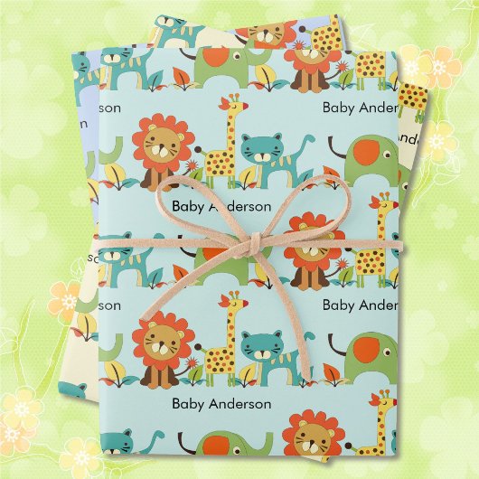 Feuille De Papier Cadeau Baby shower Ajouter Nom Lion Giraffe Elephant 3