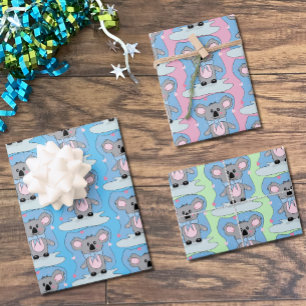 Feuille De Papier Cadeau Baby shower bleu, rose et vert Koala Cadeau