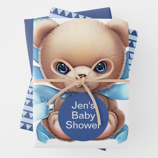 Feuille De Papier Cadeau Baby shower Bleu Teddy Bear (En situation)
