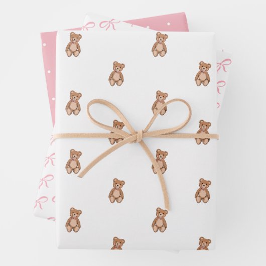 Feuille De Papier Cadeau Baby shower classique Teddy Bear rose Bow (En situation)