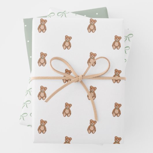 Feuille De Papier Cadeau Baby shower classique Teddy Bear Sage Green Bow (En situation)