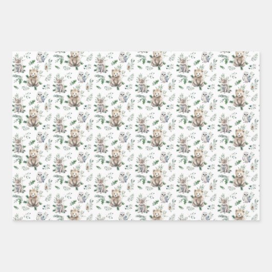 Feuille De Papier Cadeau Baby shower d'animaux de bois rustique d'hiver (Devant 3)