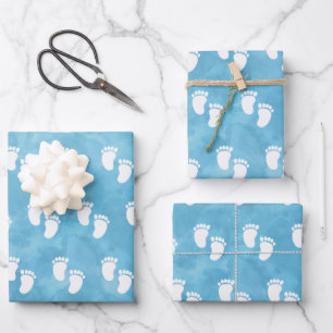 Feuille De Papier Cadeau Baby shower d'aquarelle bleu Motif d'empreinte
