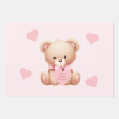 Feuille De Papier Cadeau Baby shower des Coeurs Rose Ours (Devant)