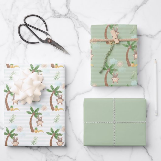 Feuille De Papier Cadeau Baby shower des nuages de singes verts bleu (Recto)