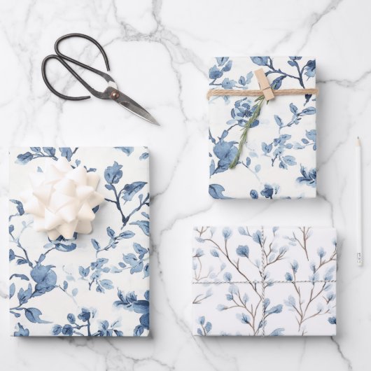 Feuille De Papier Cadeau Baby Shower Fleurs Blanches Bleues (Recto)