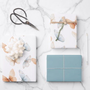 Feuille De Papier Cadeau Baby Shower Papillons Bleus Pêche