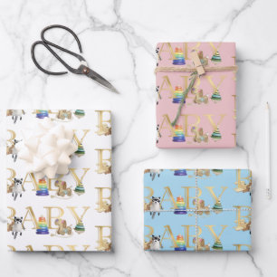 Feuille De Papier Cadeau Baby Shower Police vintage jouets dorés