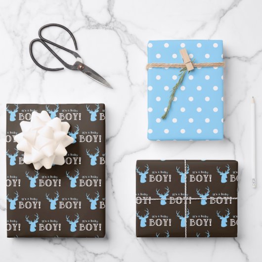 Feuille De Papier Cadeau Baby shower rustique Bois Bleu Cerf (Recto)