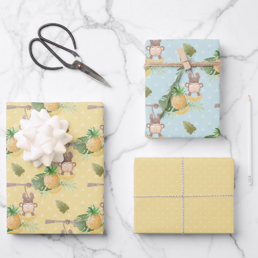 Feuille De Papier Cadeau Baby shower vert de singe jaune (Recto)