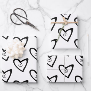 Feuille De Papier Cadeau Bagues coeurs romantiques motif noir mariage