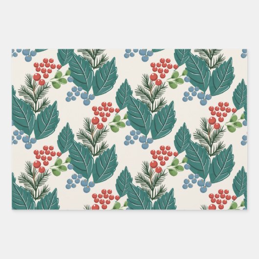 Feuille De Papier Cadeau baies festives traditionnel vert & rouge noël (Devant 3)